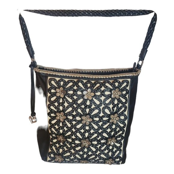 Brighton Black 3-D Floral Applique Weaved Handel Bucket Purse Bag - Picture 7 of 12